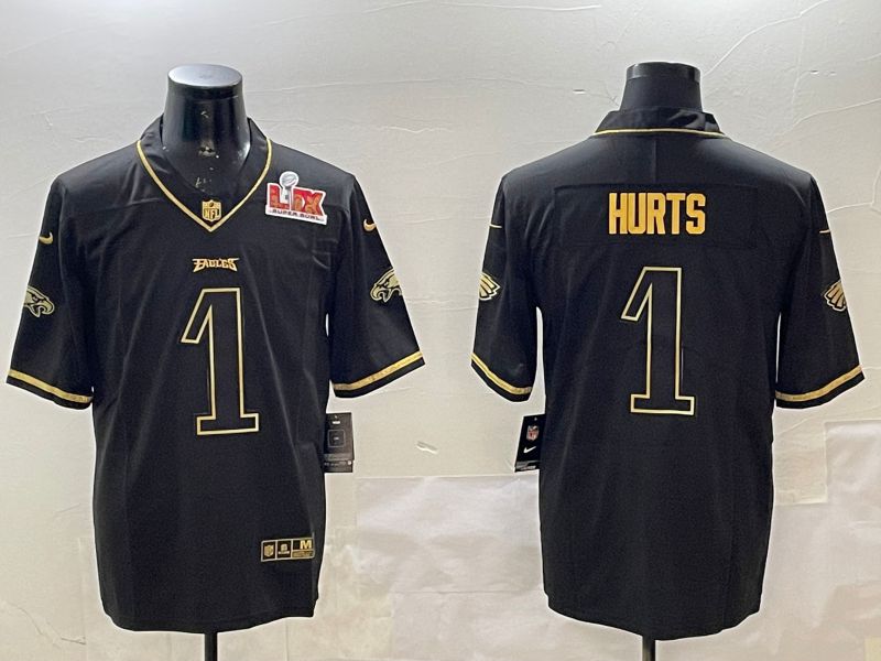 Men Philadelphia Eagles #1 Hurts Black gold Throwback 2025 Nike Vapor Limited NFL Jersey style 2